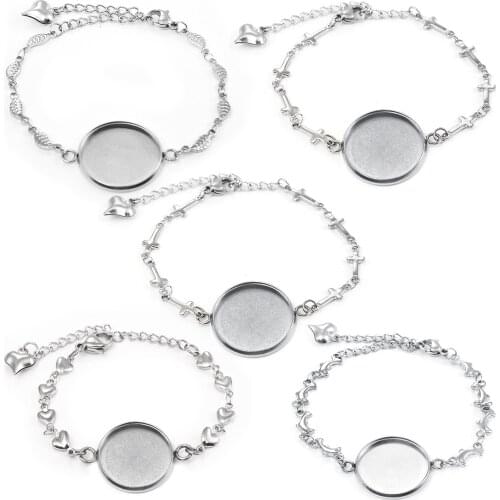 5pcs 20mm Stainless Steel Bracelet Bangles Base Settings Fit Round Cabochon Cameo Tray Blanks Bezel Settings DIY Jewelry Making