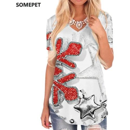 SOMEPET Christmas T-shirt women Snowflake V-neck Tshirt Painting Tshirts Printed Party T-shirts 3d Womens Clothing Fashion