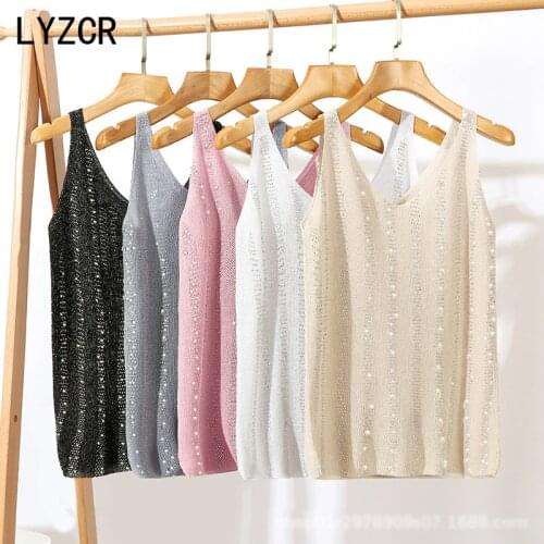 LYZCR Sexy Sequins Knitted Tanks Top Women Summer V Neck Womens Sequin Tank Tops For Women Sleeveless White Shirt Top Feminino