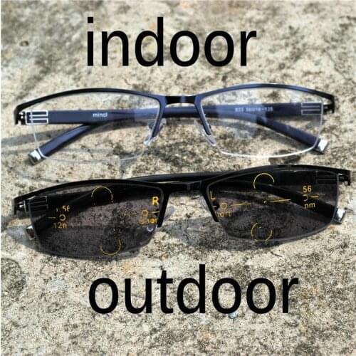 Fashion square half frame sun photochromic reading glasses retro progressive multi focus male titanium alloy reading glasses NX