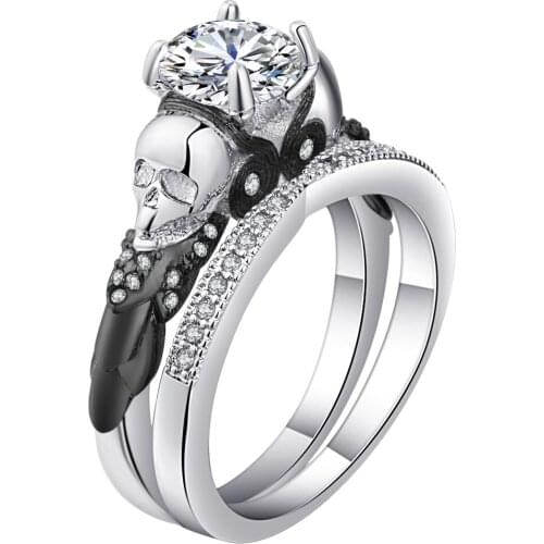 Skull Ring Sets Hiphop Rock Rhodium Plated Clear Cz Crystal Womens Wedding Promise Ring Punk Style Female Finger Ring Jewelry