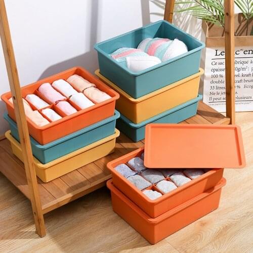 10/15 Grids Plastic Solid Color Underwear Socks Panties Storage Box Large Compartment Clothing Container With Lids