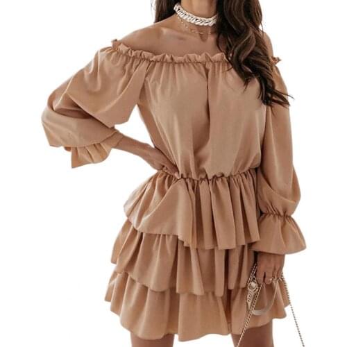 New Autumn Women Elegant Dress Solid Color Plus Size Slash Neck Long Sleeve Large Ruffle Hem Dresses Banquet