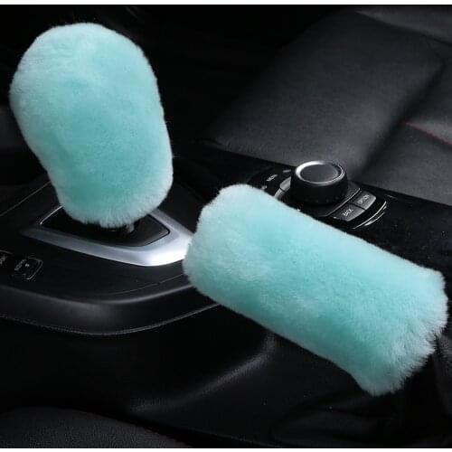 Fluffy Natural Fur Sheepskin Car Gear Shift Handle Level Stick Knob Covers for Automobile Selector Handball Collar, Handbrake
