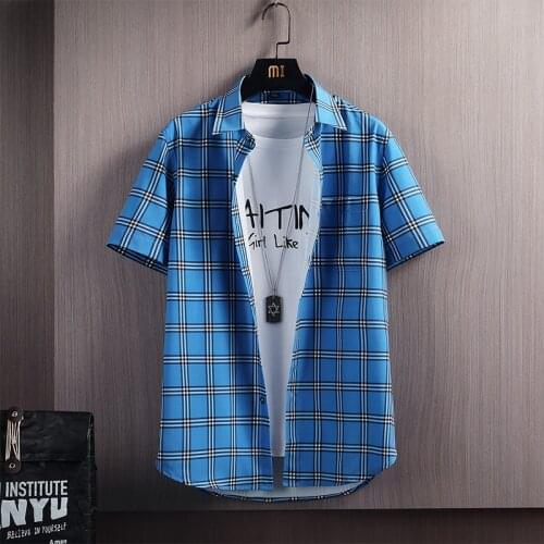 2021 New Designer Men Dress Shirt Short Sleeve Plaid Casual Shirts Slim Fit Comfort Soft Button Down Cotton Shirts Men Clothing