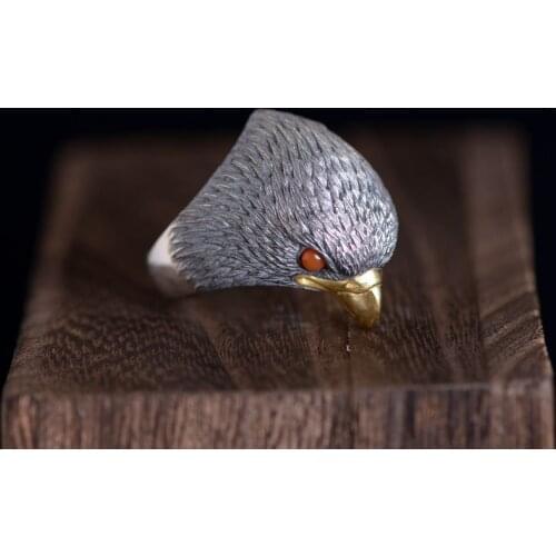 100%S925 silver restoring ancient ways male fashion Thai silver eagle head south red eyes open ring accessories wholesale