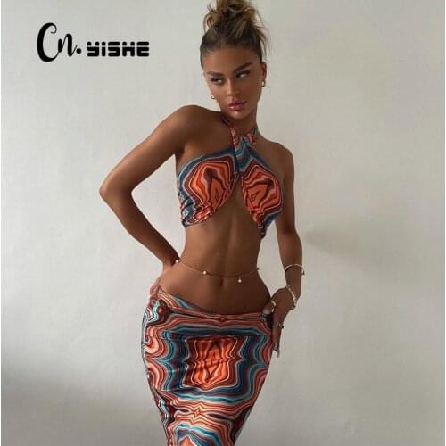 CNYISHE Sexy Two Piece Sets Vacation Holiday Summer Slim Tracksuit 2021 Boho Print Outfits Fashion Bandage Midi Skirts Suits Set
