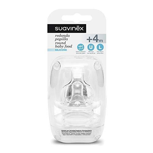 Suavinex - Pack 2 Tetinas Redonda de Silicona Boca Ancha. Talla Única Flujo Denso (Para Papillas). Tetina +4 Meses. Con Sistema