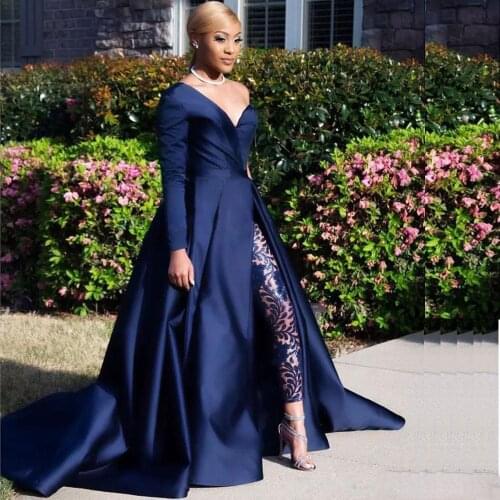 Navy Blue 2018 Evening Gowns Sexy One Shoulder Sleeve Long Prom Gowns Soft Satin Court Train Formal Party Dress NO Trousers