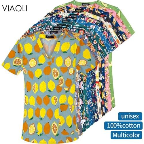 Unisex Beauty Salon Scrubs Uniform Cartoon Printing Hospital Medical Clothes Dental Clinic Nursing Uniforms Surgical Tops Women