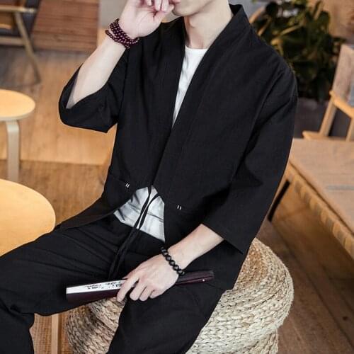 Japanese Fashion Men Retro Cardigan Samurai Kimono Haori Japan Warrior Yukata Obi Asian Coat Adult Kimono Men
