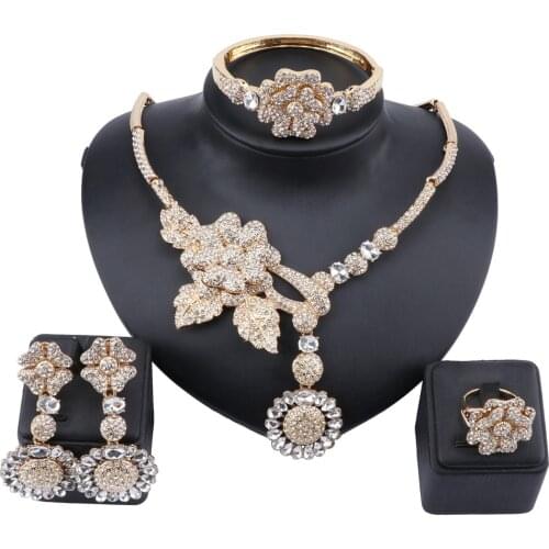 Women Bridal Party Jewelry Sets Charm Crystal Flower Pendant Necklace Earrings Bracelet Ring Accessories Decoration