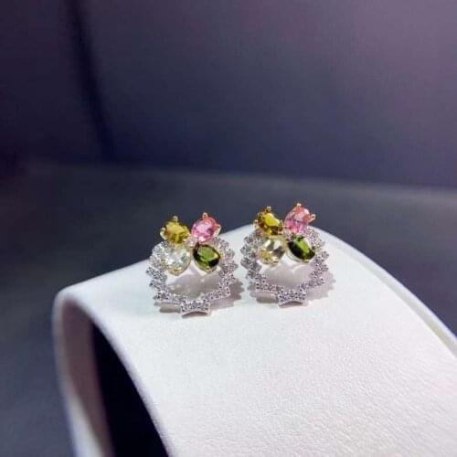 Natural Multicolor Tourmaline stud Earrings Natural gemstone stud earrings S925 silver cute Clover annulus women gift party