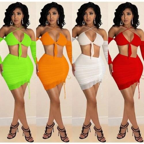 Adogirl Mesh Two Piece Set Full Sleeve Strapless Cross Bandage Top And Ruffles Mini Skirt Female 2021 Summer Night Club Outfit