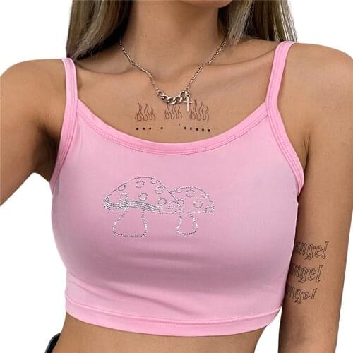 Women Spring Leisure Slim Bodycon Summer Fashion Sexy Crop Tops Sleeveless Spaghetti Strap Rhinestone Mushroom Pattern Camisole
