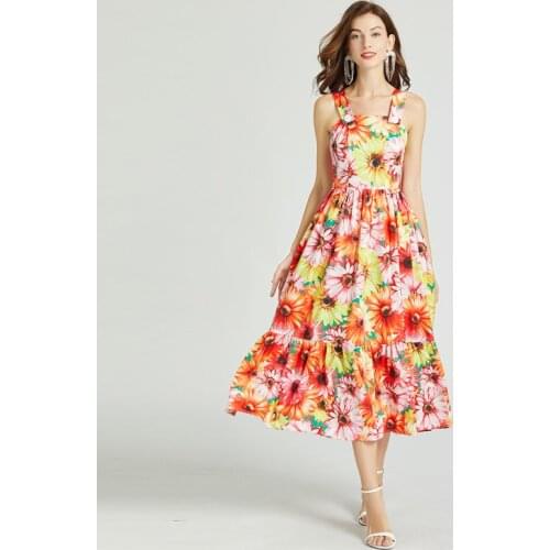 2021 Summer Fashion Spaghetti Strap Backless Sexy Beach Dress Womens Vintage Multicolor Print Holiday Boho Elgant Party Dress