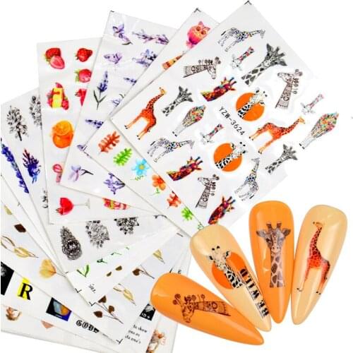 1pcs Cartoon Nail Water Sticker Cute Giraffe Zebra Lavender Green Leaf Pattern Tattoo DIY Manicure Tips Watermark Nail Art Decal