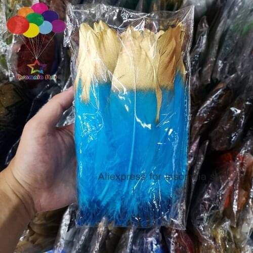 100pcs dye blue lake 15-20cm/6-8 inches Diy Beautiful Gold head Goose Feather Tape center plumas faisan view