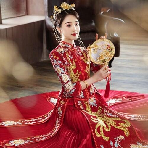 2021 Chinese Traditional Wedding Dress Elegant Bride Vintage Long Phoenix Embroidery Cheongsam Stylish китайская одежда