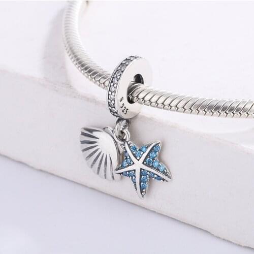 925 Sterling Silver CZ Blue Zircon Summer Tropical Starfish Sea Shell Pendant Charm Bracelet Jewelry Making For Original Pandora