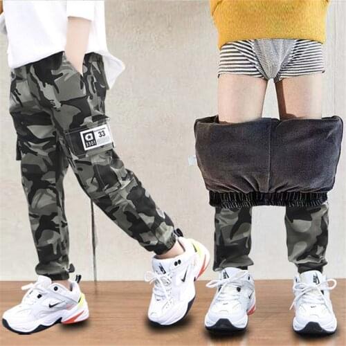 New 4-14T Boys Pants Autumn Winter Thick Camouflage Kids Trousers Teenage Boy Warm Clothing Elastic Waist Boy Cargo Pants