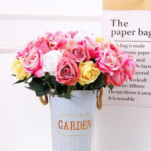 10pcs/lot Artificial Rose Flowers Bouquet Real touch Penoy 1 Bunch Silk flowers Arrange Table flores for Home Wedding Decoration