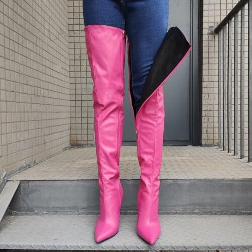 DOHBANER Women Over Knee Boots Pointed Toe Full Zip Up Boots Faux Leather Slim Heels Thigh High Botas Shoes Woman Size 44 46 47