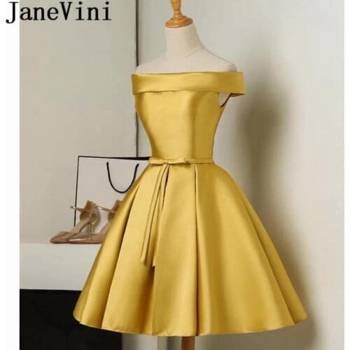 JaneVini Gold Off Shoulder Short Homecoming Dresses 2019 Satin Graduation Party Dress A Line Knee Length Formal Gown Robe Courte