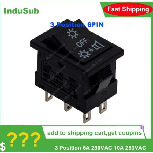 KCD 6PIN On/Off Square Rocker Switch DC AC 3 Position 6A 250VAC 10A 250VAC Reset Power Switch
