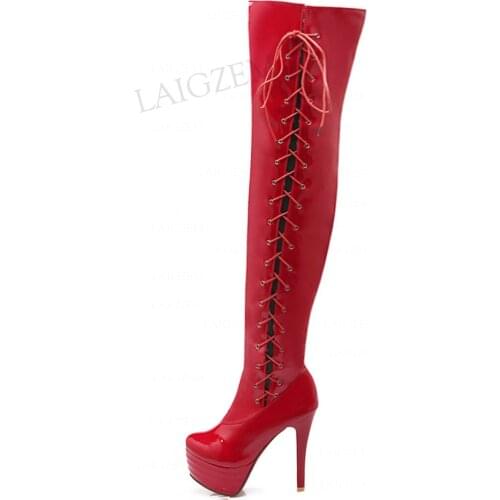 LAIGZEM Women Over Knee Platform Boots Adjustable Shoeslace Slim Heeled Boots Ladies Party Cosplay Shoes Woman Size 41 47 52 54