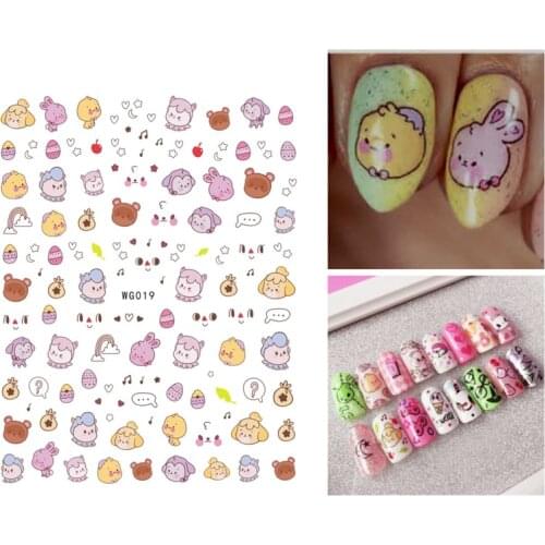 10Pcs Love Bowknot Nail Art Sticker Rainbow Smiley Musical Note Nail Art Decal Cartoon Flower Pig Cat Nail Art Decoration WG023