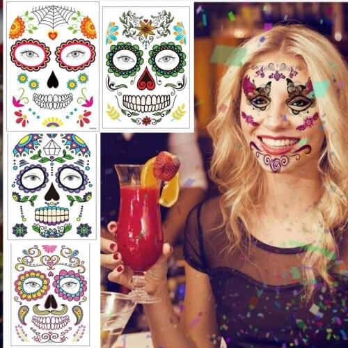 Stickers on Face Day of The Dead Facial Makeup Special Waterproof Face Tattoos Halloween Festival Face Sticker Women Man Tato