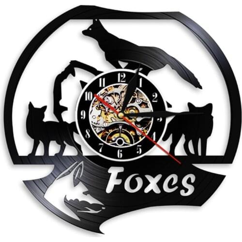 Wild Animal Fox Wall Clock Modern Design Handmade Vinyl Record Wall Clock Foxes Family 3D Wall Watches Nursery Wall Decor