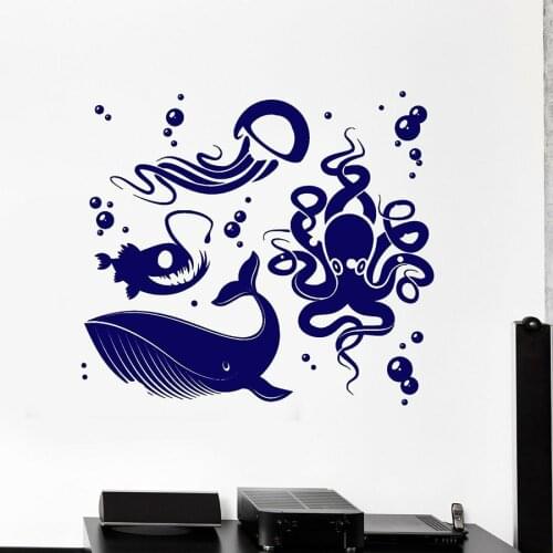 Ocean Animals Wall Decal Whale Octopus Jellyfish Marine Theme Style Home Decor for Kids Bedroom Bathroom Vinyl Wall Sticker M496