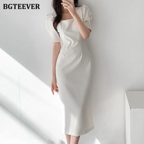 BGTEEVER Chic OL Style Ladies Square Collar Package Hip Dress Puff Short Sleeve Slim Waist Female Split Dress 2021 Summer Dress