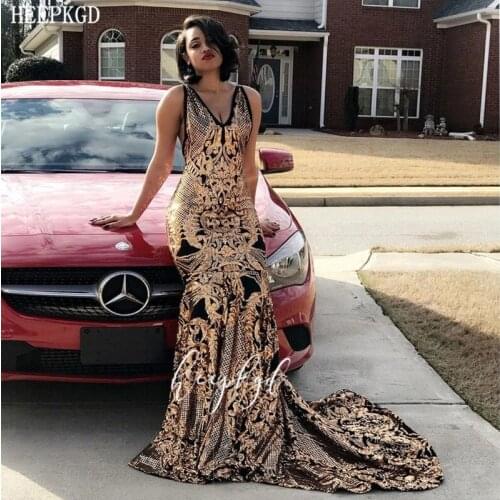 Gold Sequins Mermaid African Evening Dress Backless Sexy Long Black Girls Wedding Party Dresses Plus Size Special Occasion Gowns