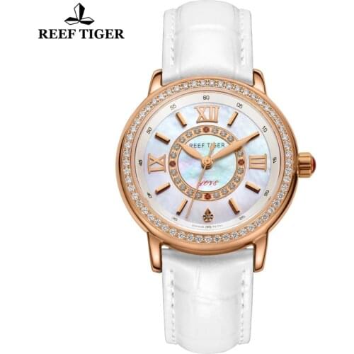 Reef Tiger/RT Fashion Elegant Watches for Women Ronda 763 Quartz Watch With Diamonds Bezel MOP Dial Calfskin Leather Strap Watch