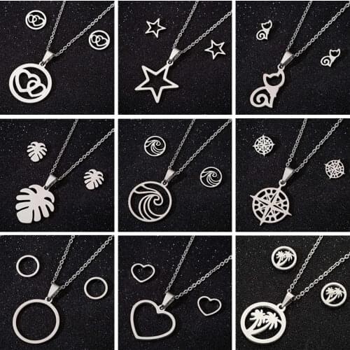 Sasusp Star Leaf Necklace Women Hollow Wave Coconut Tree Round Cat Long Chain Necklace Set Stainless Steel Jewelry 2019