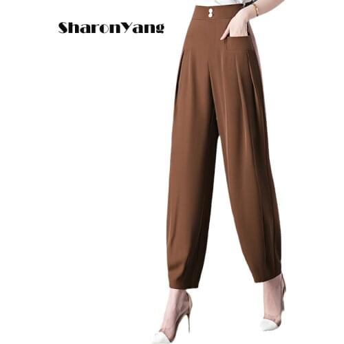 Ice Silk High-Waisted Harem Pants Women Loose Brown Knickerbockers Summer Plus Size Mom Pants for Middle-aged Women Bloomers