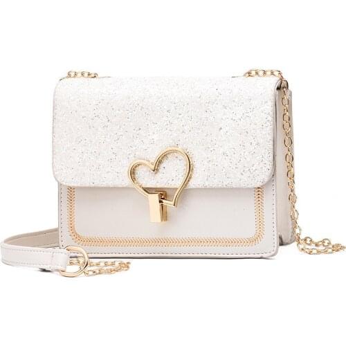 Elegant Womens Sequins Chain Shoulder Bag PU Leather Heart women Metal Lock Cover Messenger Bag