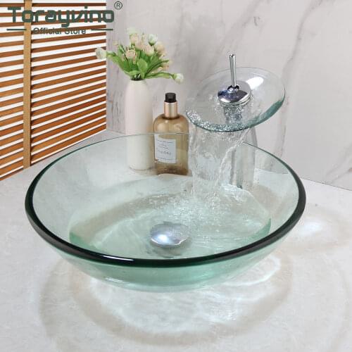 Torayvino Round Transparent Washroom Basin Vessel Vanity Sink Bathroom Mixer Tempered Glass Washbasin Faucet With Pop Up Drain