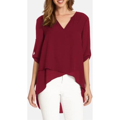 Women V Neck Solid Chiffon Blouse Casual Vintage Autumn Spring Elegant Tops Lady Loose Boho Femme Shirts Irregular Blousa