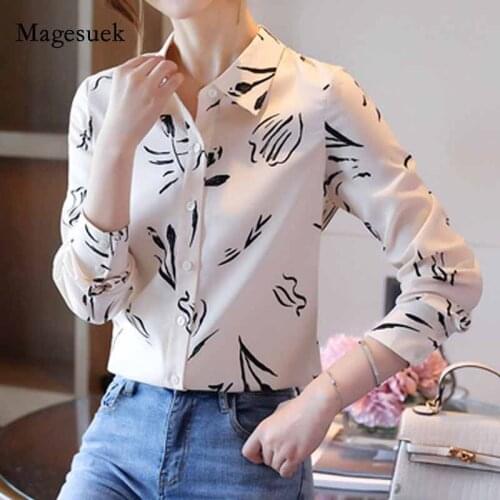 2020 Women Button Cardigan Female Tops Office Lady Plus Size Chiffon Blouses Women New Autumn Printed Long-Sleeve Shirt 10931