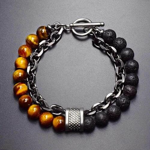 Eif Dock Multi-layer Volcanic lava Beaded Charm Bracelet Women Stainless Steel Link Chain Mens Couple Bracelets Dropshipping
