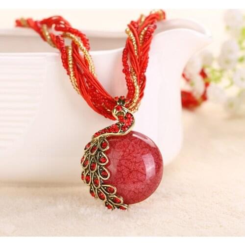 Boho Ethnic Jewelry Choker Handmade Pendant Necklace Natural Stone Bead Peacock Statement Maxi Necklace for Women Girls Gifts