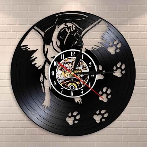 England Bulldog Dog Paw Wall Decor Wall Clock Bulldog with Angel Wing Modern Wall Art ClockVinyl Record Vintage Pug Dog Clock