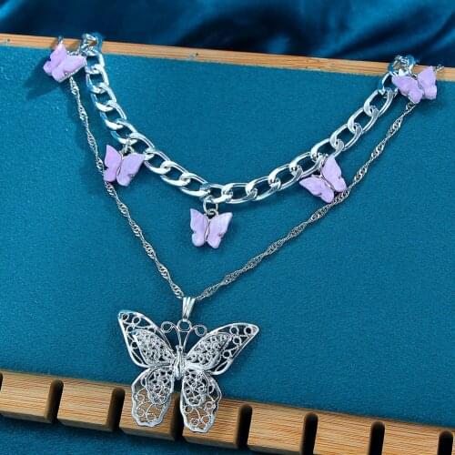 Fashion Multilayer Butterfly Cuban Chain Necklace Female Silver Color Hollow Big Butterfly Pendants Necklace Personality Jewelry