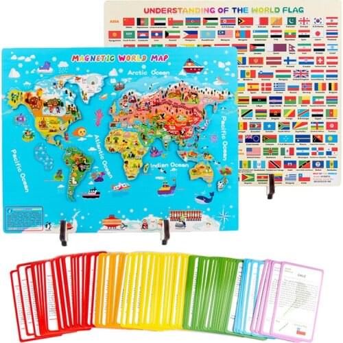 Children Magnetic World Map Puzzle Toys Country Flag Wooden Jigsaw Board Games Preschool Educational Learning Toys Teaching Aids