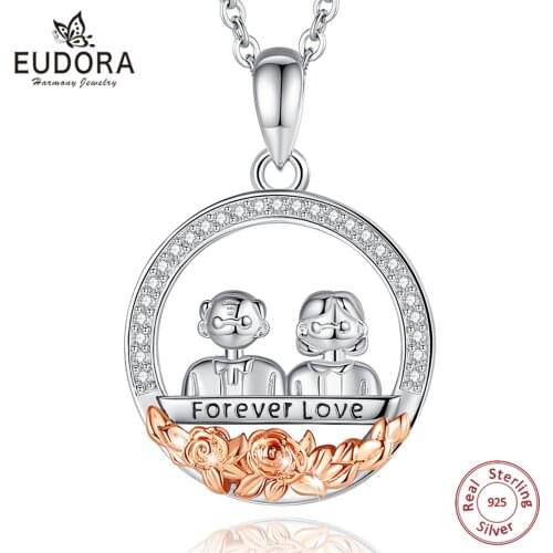 Eudora Real 925 Sterling Silver Grandfather grandmother love Necklace Man Women Rose Pendant FIna Fashion Jewelry Gift for Lover