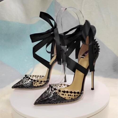 Free shipping fashion women shoes black silk studded spikes pvc clear pointy toe heels women high heels sandals